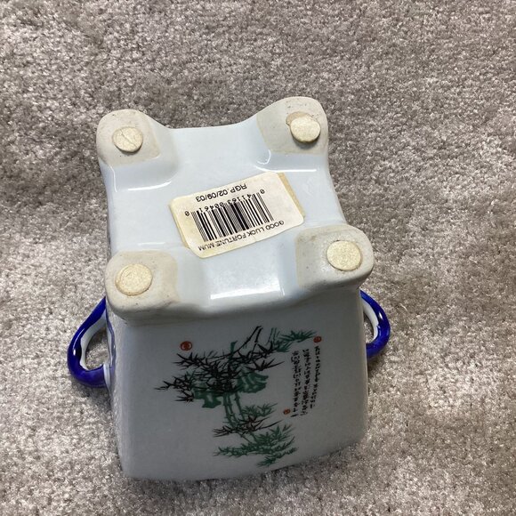 Vintage Chinese Porcelain Vase Planter With Blue Handles & Floral Bamboo Design - Picture 7 of 7